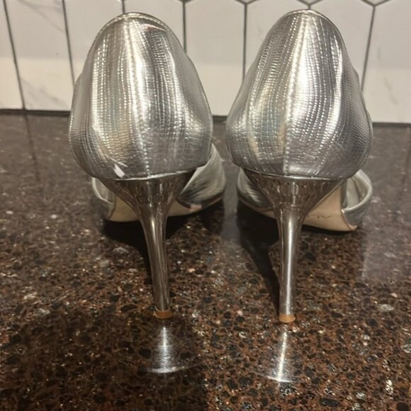 Aldo Silver High Heels Leather Open Toe Stilettos W Rhinestones Womens Sz 8 - Picture 6 of 8